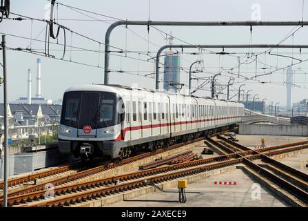 Shanghai metro line 11 train departs from Jiading Xincheng station ...