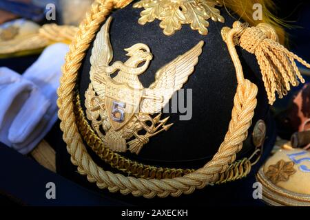 1880s US Army Officers dress shako helmet with the US eagle badge and insignia for the 5th Cavalry Stock Photo