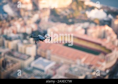 Drone hovering over the city of Monaco in france Stock Photo