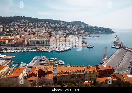 Yachts in the harbour of Nice, French Riviera coastline Stock Photo