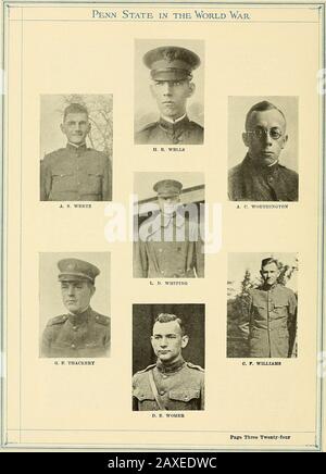 Penn State in the world war . Turn was buried at Romagne. UNDERBILL, ARTHUR BLACKBURN, entered the Reserve Of-ficers Training Camp, Fort Niagara, N. Y., May 10, 1917, and there passedsuccessfully all examinations but the color test. Because this deficiencyprevented his securing a commission, he was recommended for the Ambu-lance Service. He enlisted at Allentown, Pa., with unit No. 554, and withthis organization served overseas with the French Army. VAN AKEN, HOMER L., entered the First Reserve Officers TrainingCamp, Plattsburg Barracks, N. Y., May 15, 1917, and was recommendedfor Infantry Com Stock Photo
