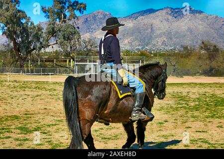 Renactor dressed in the uniform of the 1880s US Army soldier in the 5th Cavalry on horseback at Fort Lowell, Tucson AZ Stock Photo