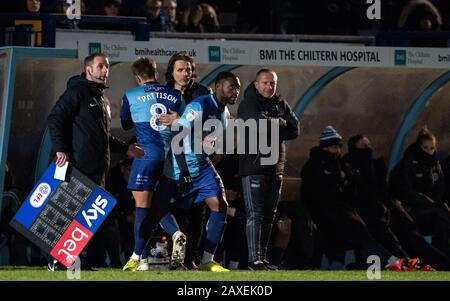 High Wycombe, UK. 11th Feb, 2020. Fred Onyedinma replaces Alex Pattison of Wycombe Wanderers during the Sky Bet League 1 match between Wycombe Wanderers and Fleetwood Town at Adams Park, High Wycombe, England on 11 February 2020. Photo by Andy Rowland. Credit: PRiME Media Images/Alamy Live News Stock Photo