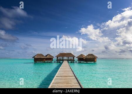 A stunning over-water spa at the Conrad by Hilton hotel, with room for text, in the Maldives Stock Photo