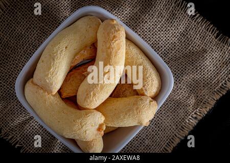 Brazilian homemade cheese bread, AKA 'chipa' in a bowl. Stock Photo