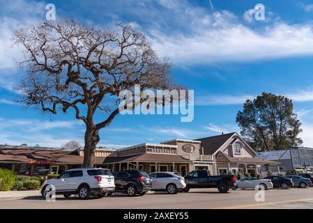 Los Olivos, California - January 24, 2019: View of the small town of Los Olivos, the town is famous for wine tasting and for the Neverland Ranch, know