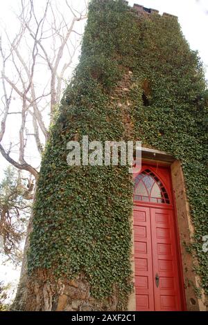 Entrance to the Rehoboth Rock Church/ Rehoboth Mennonite Church in Schuyler, VA, USA. Exterior walls covered in English Ivy. Stock Photo