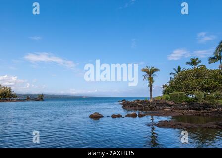 Hilo, Hawaii, USA. - January 9, 2012: Coastline with rocks and green trees of Liliuokalani Gardens. Blue sky and blue ocean water. Palm tree in center Stock Photo