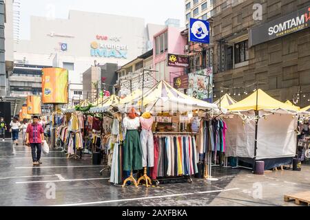 Bangkok, Thailand - January 10th 2020: Street market in Siam Square. This is a trendy shopping area. Stock Photo