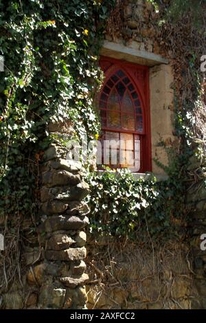 Rehoboth Rock Church/ Rehoboth Mennonite Church in Schuyler, VA, USA. Exterior wall covered in ivy, with small window, Stock Photo