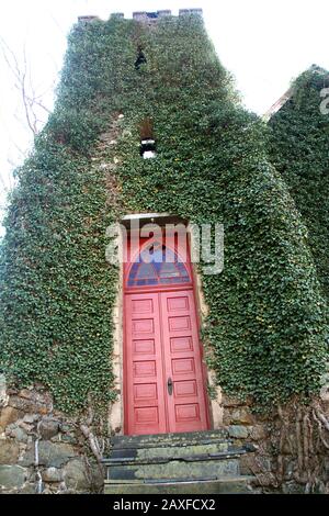 Entrance to the Rehoboth Rock Church/ Rehoboth Mennonite Church in Schuyler, VA, USA. Exterior walls covered in English Ivy. Stock Photo