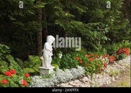 White concrete Renaissance sculpture of young man playing a violin and red Geranium 'Maverick Scarlet' flowers and Senecio cineraria - Silver Dust Stock Photo