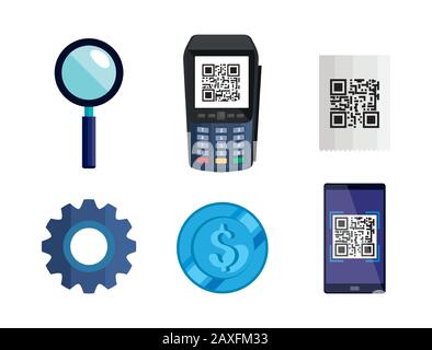 dataphone with scan qr code and set icons Stock Vector