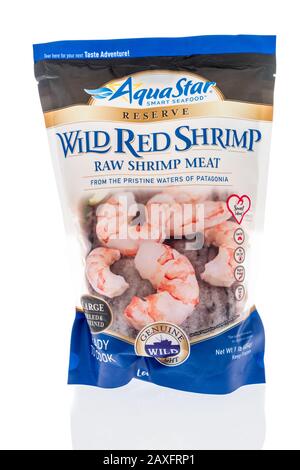 Winneconne,  WI - 11 February 2020:  A package of Aquastar reserve wild red  shrimp on an isolated background. Stock Photo
