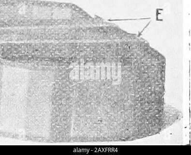 Poultry culture sanitation and hygiene . Fig. 175.—The H and D brooder sold on the market; A, Celliform con-struction of ventilation, exit of foul air; B, opening through which foul airpasses; C, hover showing non-ravelling felt; D, door from hover chamber tonon-crowding yard; E, sliding boards to adjust yard. Stock Photo