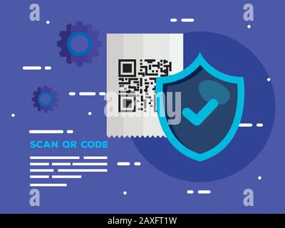 scan qr code in voucher paper with shield and gears Stock Vector