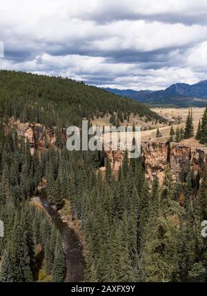 Historical North Piedra Stock Driveway Trail is next to the Piedra River in the San Juan National Forest.  Early autumn colors and dramatic vistas awa Stock Photo