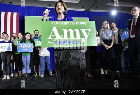 Concord, United States. 11th Feb, 2020. Democratic presidential candidate for 2020 and Minnesota Sen. Amy Klobuchar speaks to supporters during a New Hampshire 2020 presidential primary night event at the Grappone Center in Concord, New Hampshire on Tuesday, February 11, 2020. Klobuchar appeared to be on the way to a third place finish in the first in the nation presidential primary. Photo by Joshua Reynolds/UPI Credit: UPI/Alamy Live News