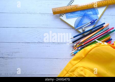back to school concept on table, school bag and pencil on table  Stock Photo