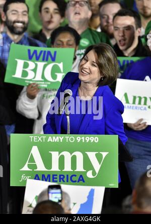 Concord, United States. 11th Feb, 2020. Democratic presidential candidate for 2020 and Minnesota Sen. Amy Klobuchar greets the crowd during a New Hampshire 2020 presidential primary night event at the Grappone Center in Concord, New Hampshire on Tuesday, February 11, 2020. Klobuchar appeared to be on the way to a third place finish in the first in the nation presidential primary. Photo by Joshua Reynolds/UPI Credit: UPI/Alamy Live News Stock Photo