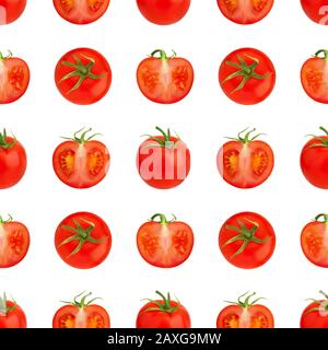 Seamless pattern of red tomatoes on white background isolated closeup, cut and whole cherry tomato repeating ornament, fresh vegetables art wallpaper Stock Photo