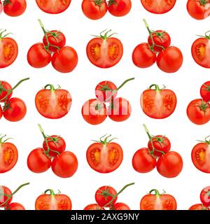 Seamless pattern of red tomatoes on white background isolated closeup, cut and whole cherry tomato repeating ornament, fresh vegetables art wallpaper Stock Photo