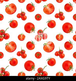 Seamless pattern of red tomatoes on white background isolated closeup, cut and whole cherry tomato repeating ornament, fresh vegetables art wallpaper Stock Photo