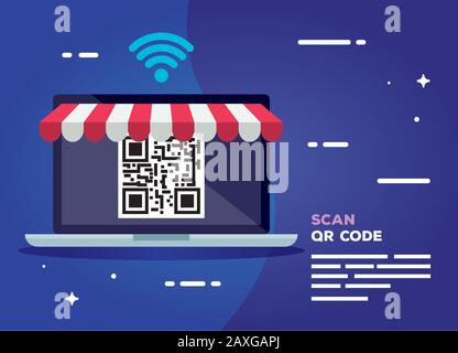 laptop with parasol and scan code qr Stock Vector