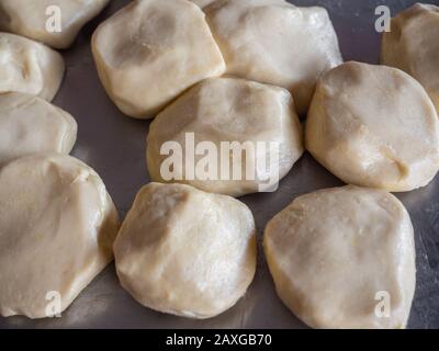 Close-up ingredients of fresh Roti flour for making Roti, Indian traditional street food. Stock Photo