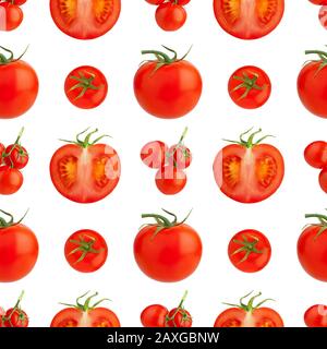 Seamless pattern of red tomatoes on white background isolated closeup, cut and whole cherry tomato repeating ornament, fresh vegetables art wallpaper Stock Photo