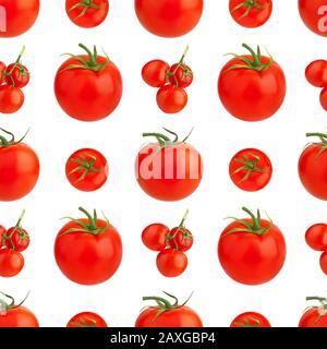 Seamless pattern of red tomatoes on white background isolated closeup, whole cherry tomato bunch repeating ornament, fresh vegetables art wallpaper Stock Photo