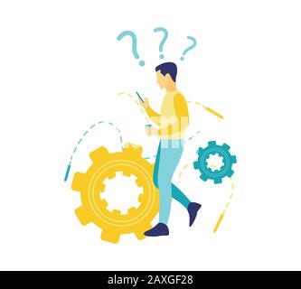 Flat vector illustration, young businessman reading a smartphone while walking outdoors, a modern male lifestyle, technology to communicate. Stock Vector