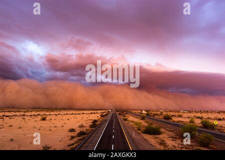 A dense haboob dust storm in the Arizona desert ahead of monsoon thunderstorm near Wellton