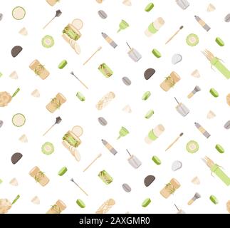 Zero Waste Vector Seamless Pattern in Minimalism Style, with Reusable and Recycle Zero Waste products - Pad, Box, Charcoal toothbrush, Natural Soap Stock Vector