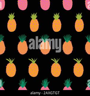 Vector Pineapples on black seamless repeating pattern. Modern colorful bright summer background. Tropical pineapples. Hand drawn exotic fruit isolated Stock Vector