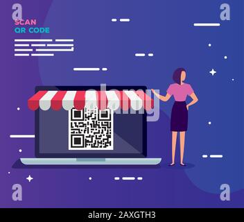 scan code qr in laptop with business woman Stock Vector