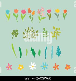 Vector flat cartoon spring flowers, leaves set Stock Vector