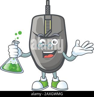 A genius Professor black mouse cartoon character with glass tube Stock Vector