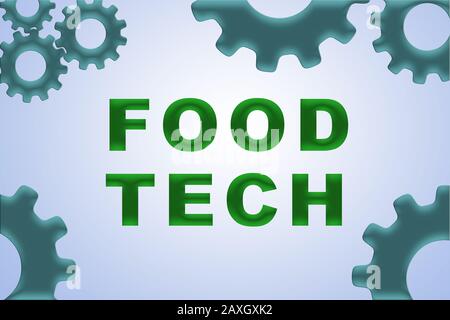 FOOD TECH sign concept illustration with blue wheel figures on pale blue background Stock Photo