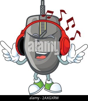 Black mouse cartoon character design Listening music on a headset Stock Vector