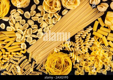 Italian pasta sorts variety, a flatlay of various pasta types, shot from the top Stock Photo