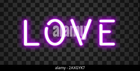 Neon sign on transparent. Retro neon Love sign on purple background. Design element for Happy Valentine's Day. Vector Stock Vector