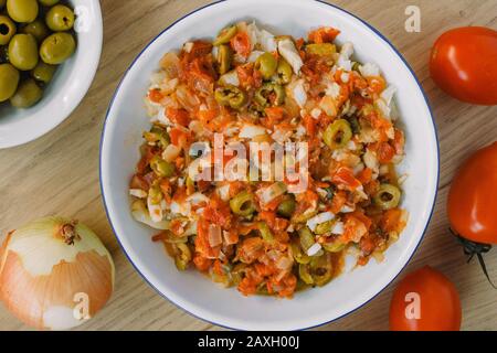 Bacalao a la vizcaína mexican style is a traditional dish from Mexico, usually eaten for Christmas or New year's eve Stock Photo