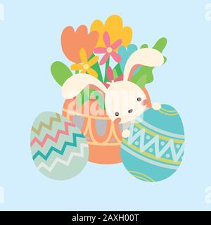 Vector easter bunny, rabbit peek out eggs, flowers Stock Vector