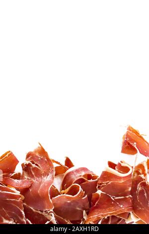 Spanish ham (jamon) vertical composition. Design for menu restaurant template, space for text Stock Photo