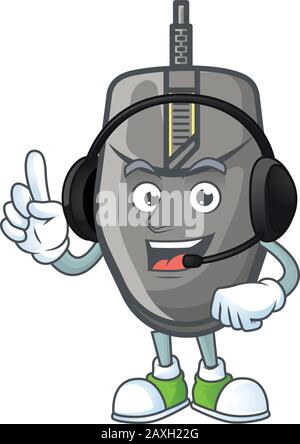Sweet black mouse cartoon character design speaking on a headphone Stock Vector