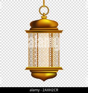 Golden Arabic lantern , Gold vintage luminous lantern, Isolated on Transparent Background - Vector Illustration Stock Vector