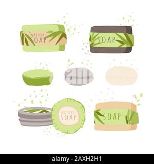 Zero Waste Vector Cartoon Set of Natural Organic Soap - green Bamboo piece, Charcoal grey and brown soap, Hand Made SPA and home hygiene product for Stock Vector