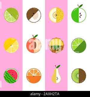 Fruits diversely oriented seamless vector pattern on pink and white vertical stripes background Stock Vector
