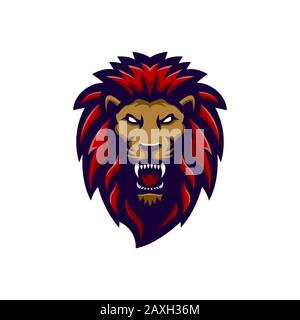 lion head logo vector illustration with red mane, being angry looking at his sharp teeth, suitable for the sports team mascot logo, e sports team and Stock Vector